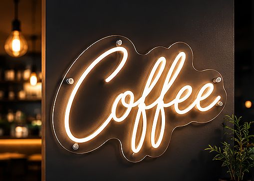 Varmvit LED-neontext ”Coffee” i skrivstil på en klar akrylskiva med metalldistanser, monterad på en mörk kafévägg