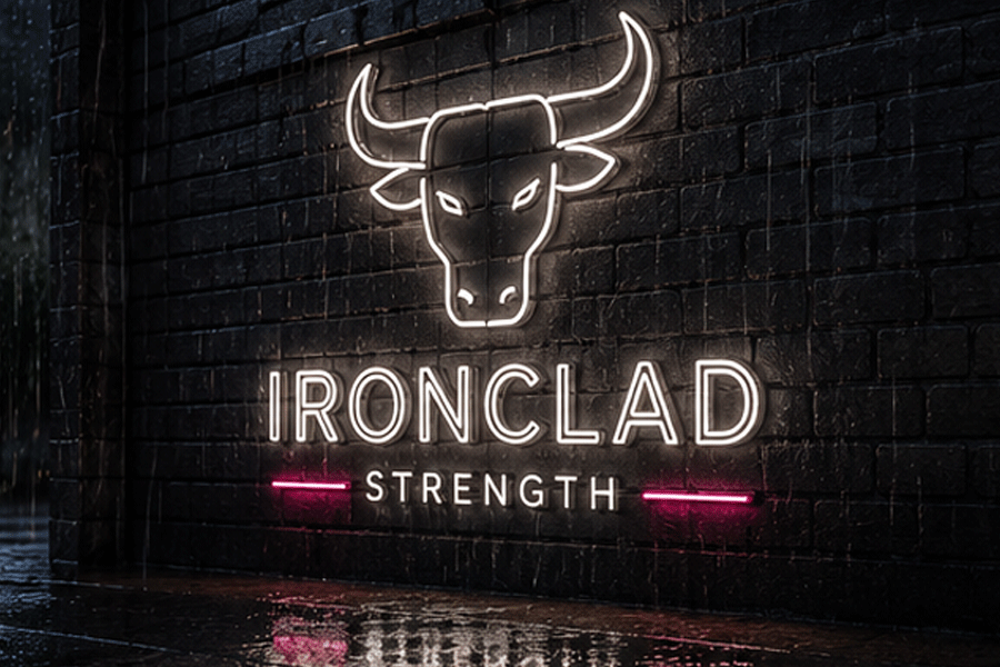 Vit och röd LED-neonskylt ”IRONCLAD STRENGTH” med ett tjurhuvud på en mörk tegelvägg utomhus