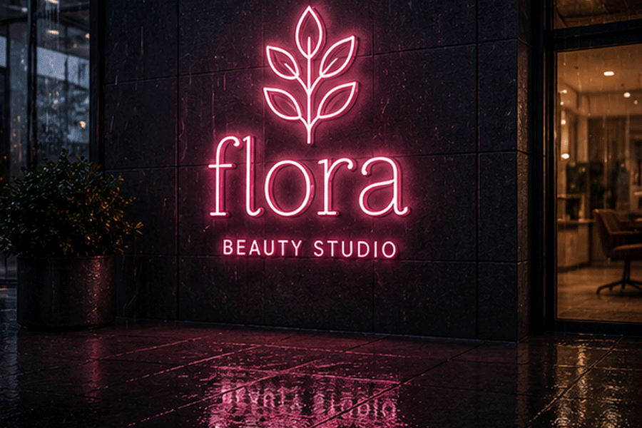 Rosa LED-neonskylt ”flora beauty studio” på en yttervägg ovanför en regnvåt trottoar