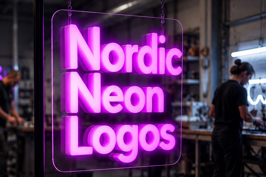 Lila skylt ”Nordic Neon Logos” som hänger i en verkstad med människor som arbetar i bakgrunden