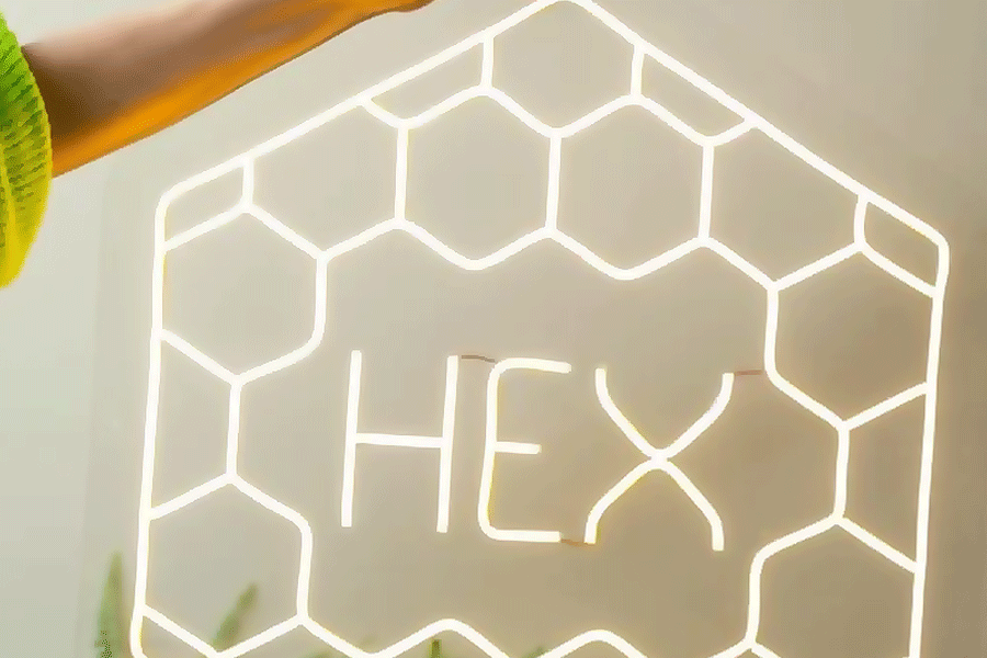 Vit LED-neonlogotyp med hexagonmönster och texten ”HEX” på en ljus vägg