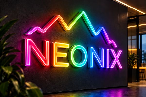 NEONIX-logotyp i regnbågsfärgad RGB LED-neon med en bergssiluett på en mörk vägg