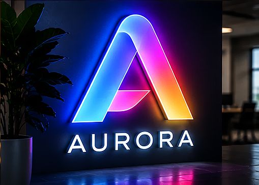 RGB LED-neonlogotyp ”AURORA” som lyser i blått, lila och rosa på en mörk vägg