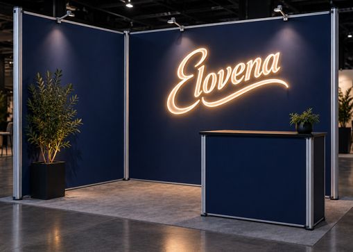 Tummansininen modulaarinen messuosasto, jonka takaseinällä lämpimän valkoinen neonlogo “Elovena” ja yhteensopiva tiski