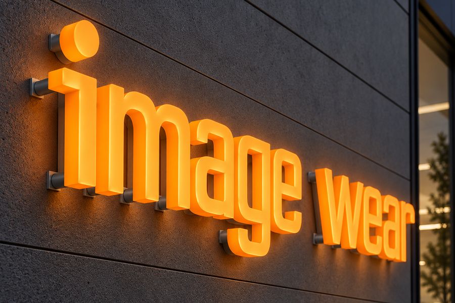Oranssit valaistut 3D-kirjaimet “image wear” liikkeen julkisivussa