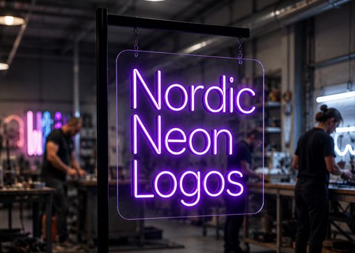 Violetti neonkyltti “Nordic Neon Logos” roikkuu mustasta kehyksestä verstaassa