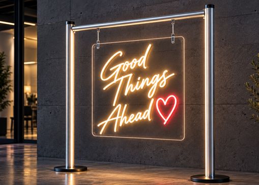 Fristående aluminiumram med en klar akrylskiva och en varmvit neonskylt ”Good Things Ahead”